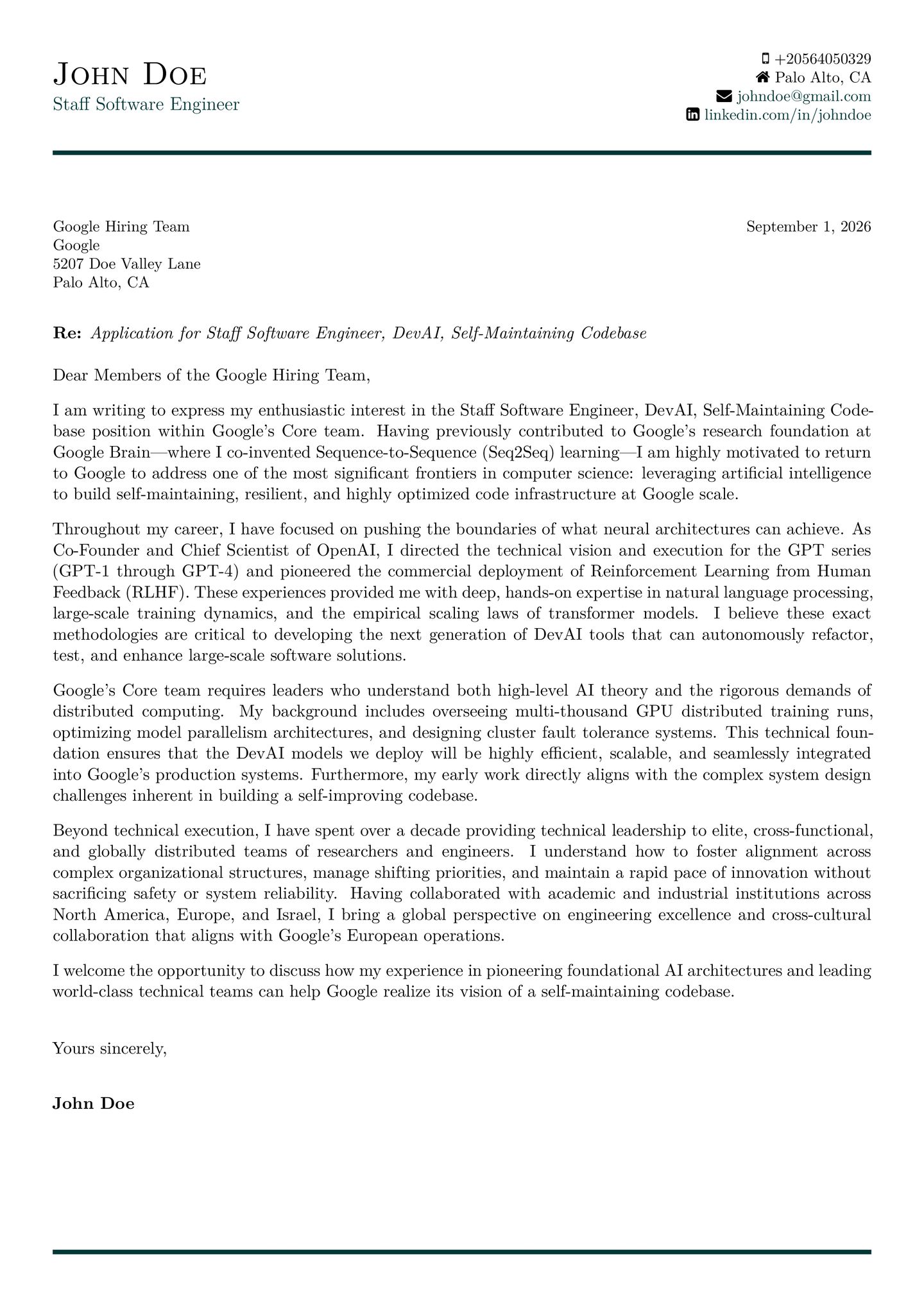 Example cover letter in the Modern Professional template